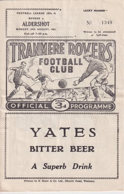 Tranmere Rovers v Aldershot Match Programme 1961-08-28